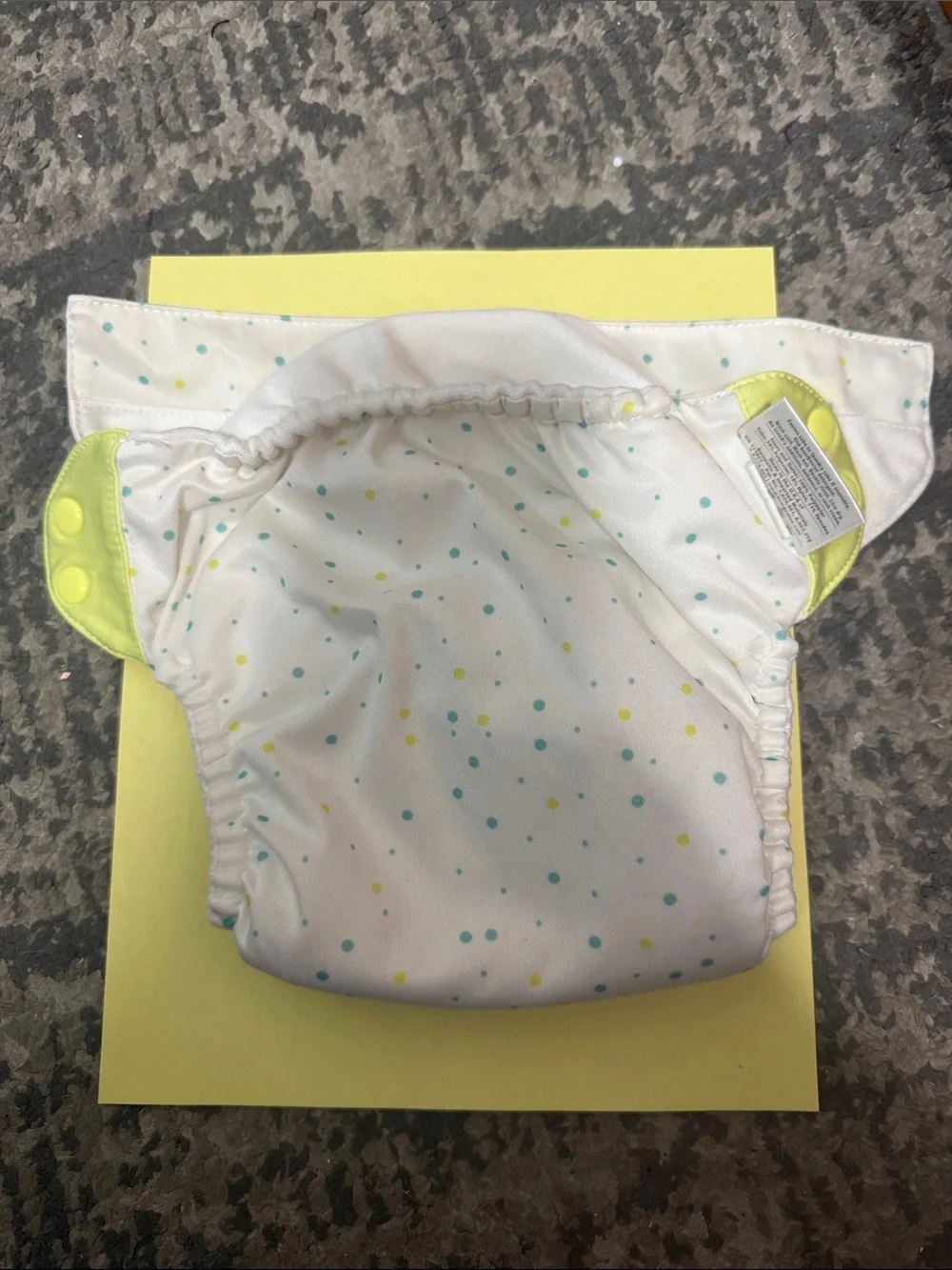 BumGenius White Diaper Cover with Yellow and Teal Dot Print